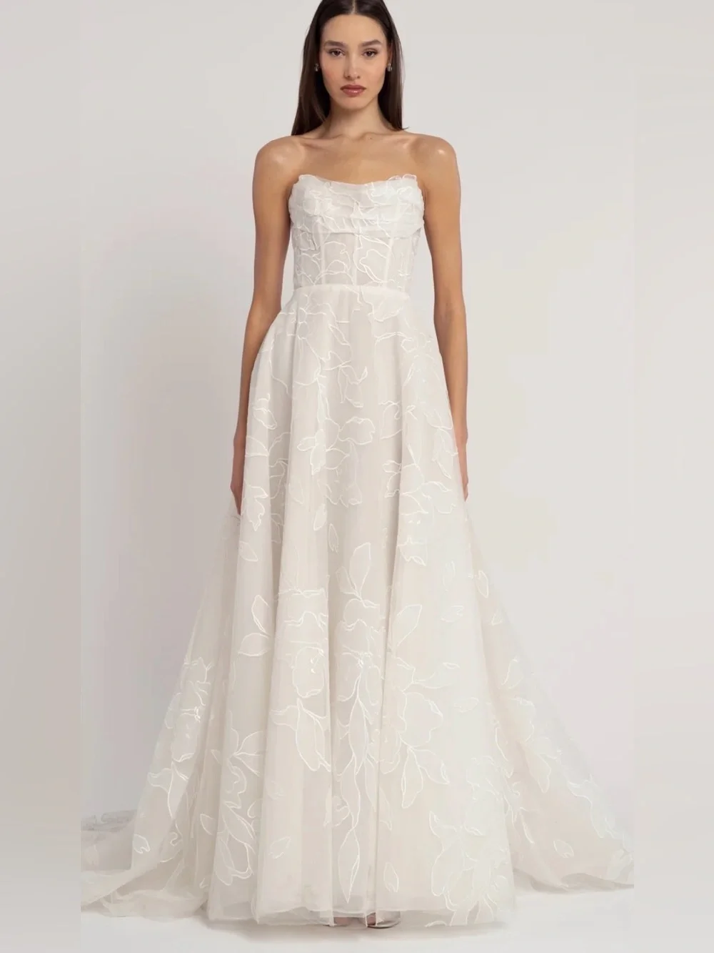 Jenny Yoo Lorelai Strapless White Floral Embroidered Gown - Picture 1 of 12